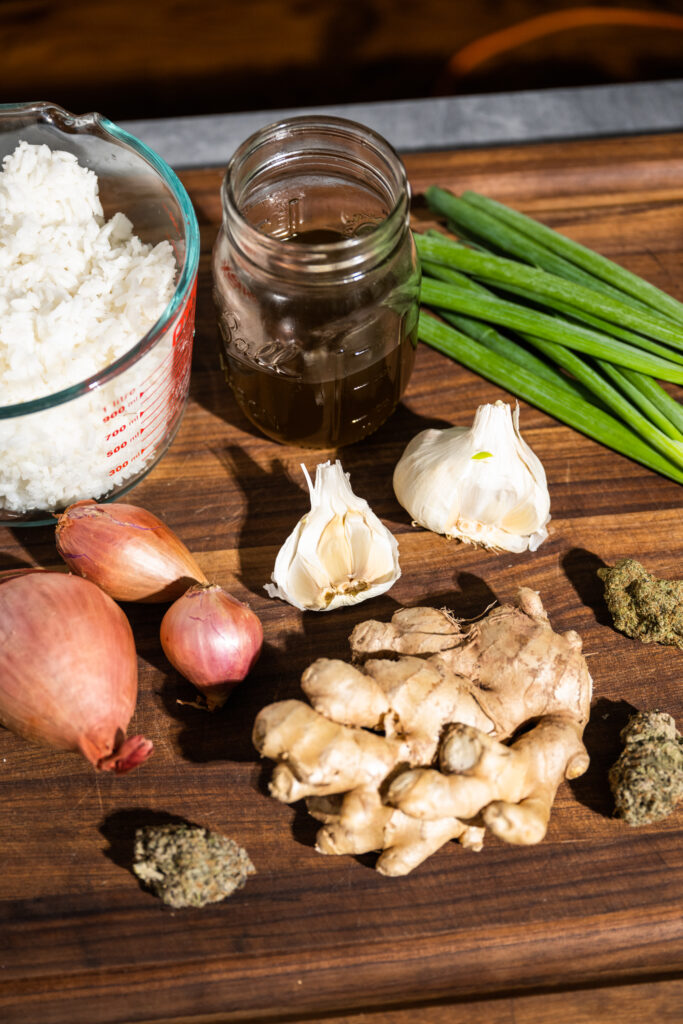 Ingredients for Ginger & Mary Jane Fried Rice on a cutting board