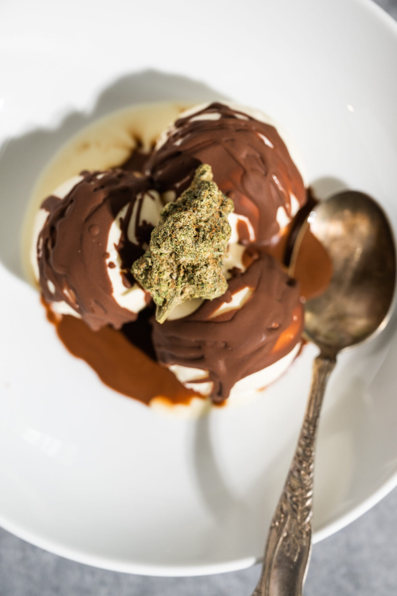 bowl of ice cream with chocolate magic shell topping and bud