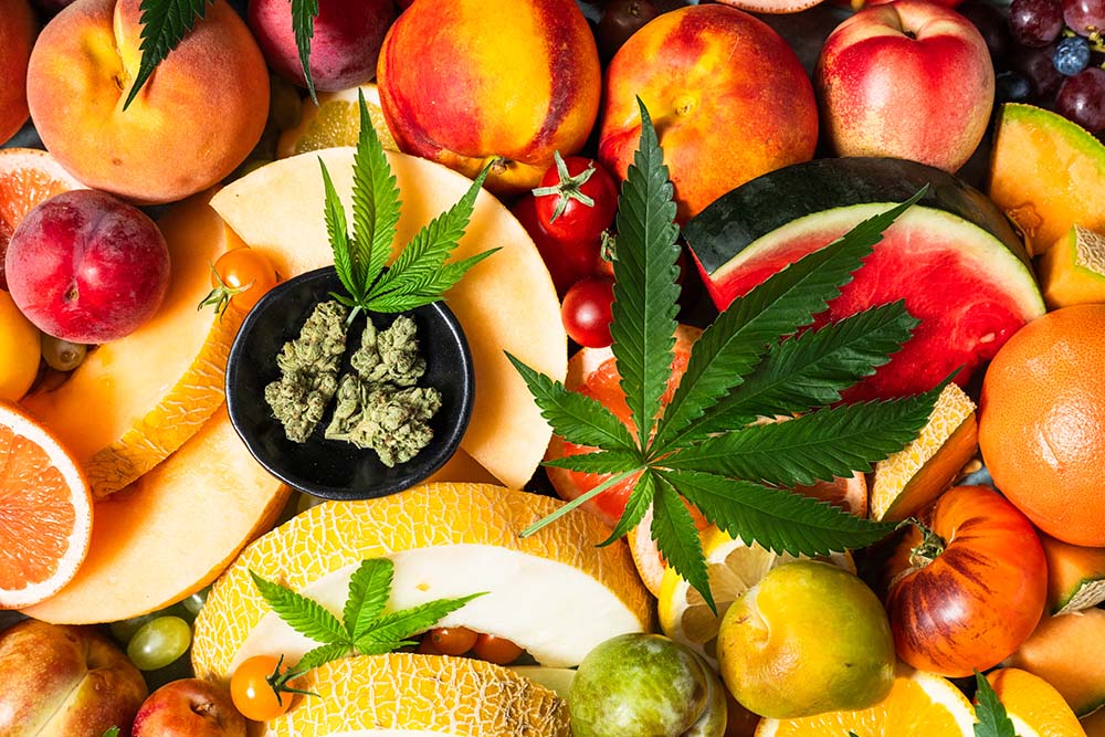 Marijuana leaves and flower on top of lots of types of fresh fruit.