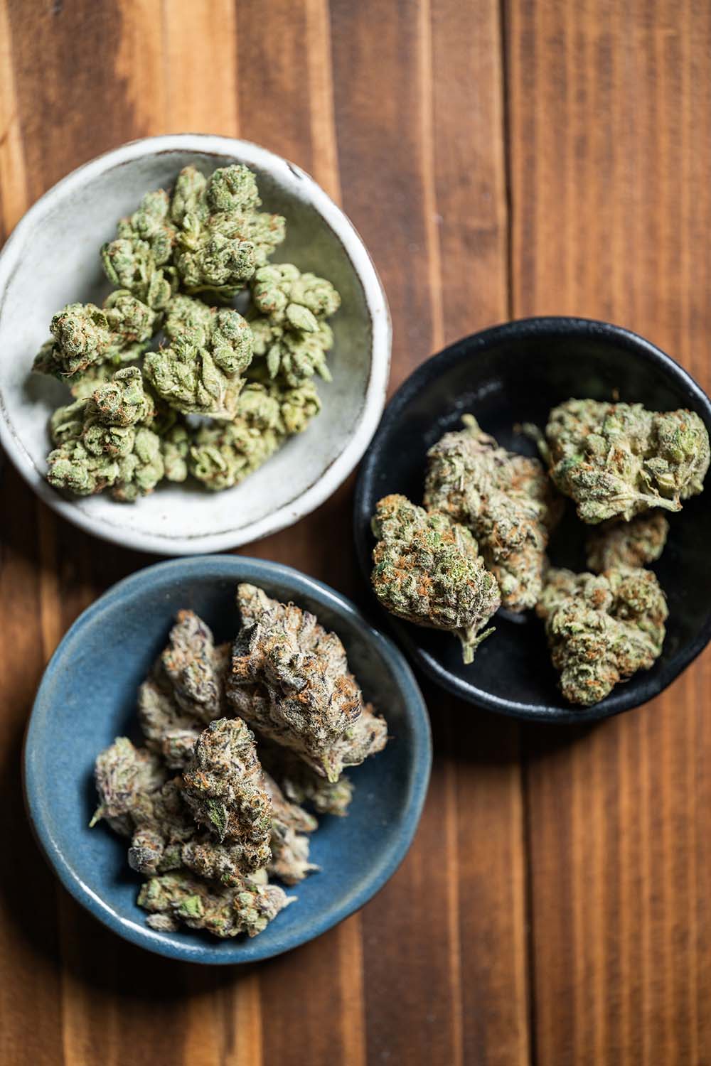 Three types of cannabis flower.