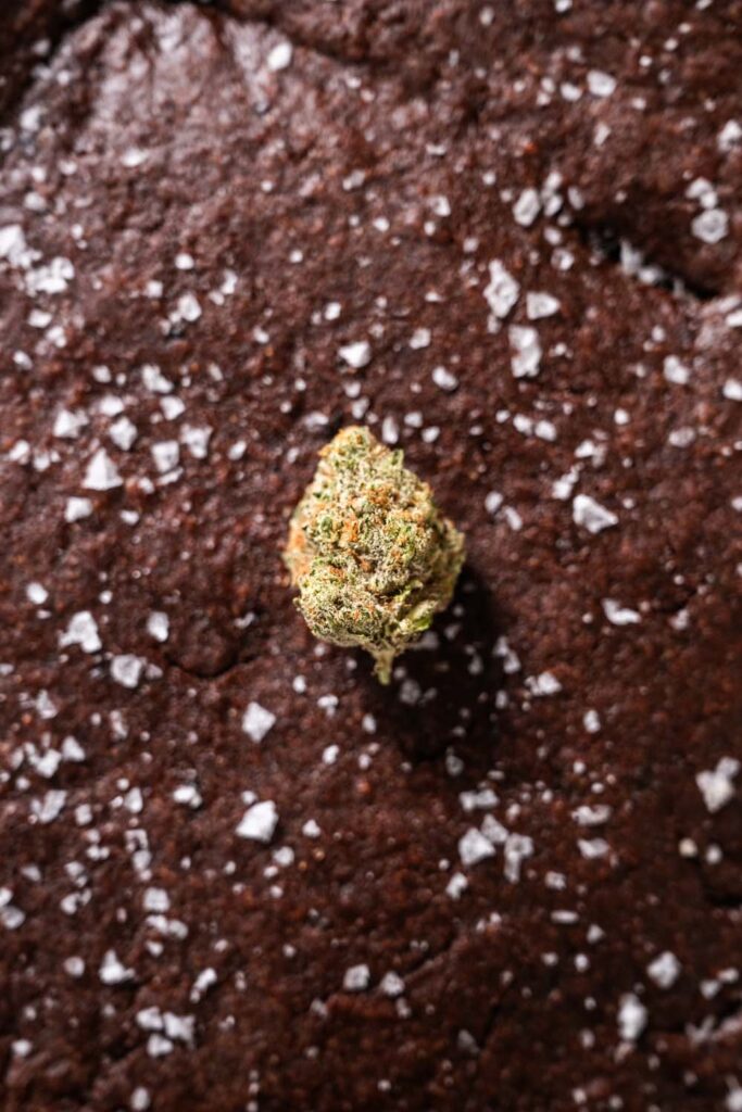 Close up with of brownie with marijuana bud.