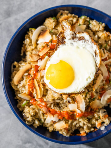 fried rice recipe with fried egg in bowl
